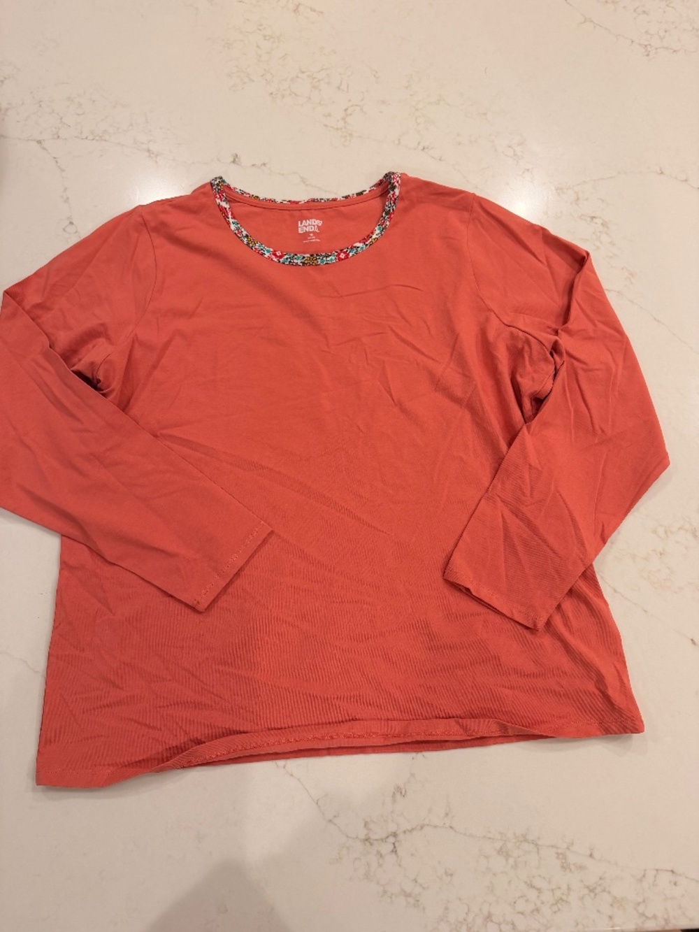 Lands’ End Women’s 1X Coral Long Sleeve Tee Floral Trim Stretch Cotton Plus Size